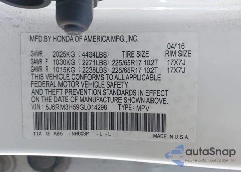 2016 Honda Cr-V Ex из США, поврежденный, VIN 5J6RM3H59GL014298